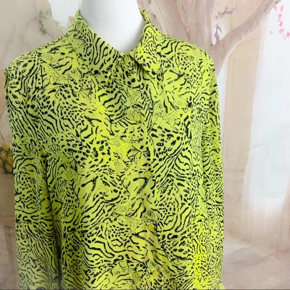 SOLD T TAHARI Yellow Tiger Animal Print Button Down - Picture 2 of 10